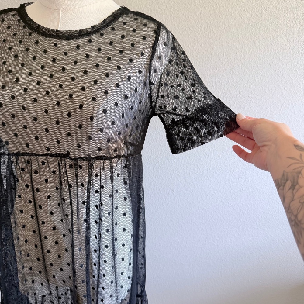 Sheer Black Polka Dot Mesh Midi Dress XS Gothcore Festival Beach Coverup - Picture 3 of 9